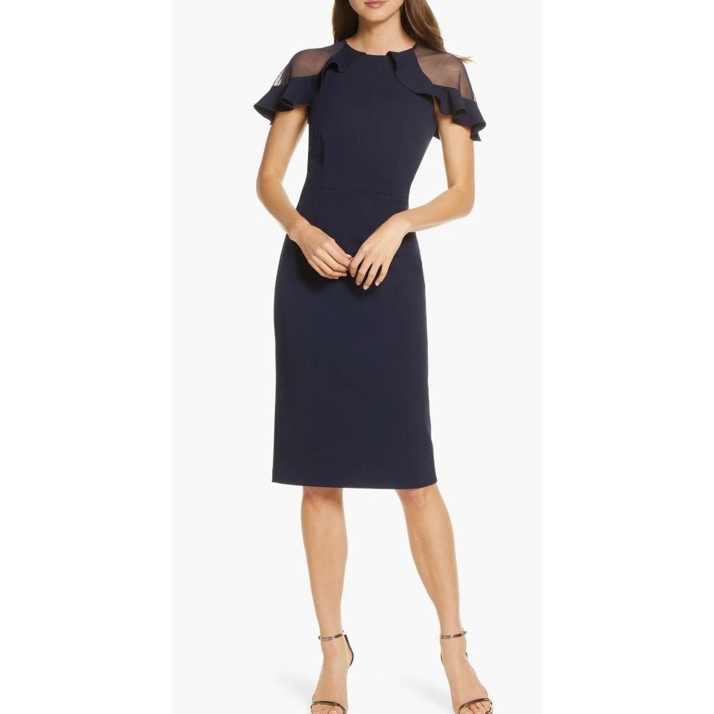 Eliza J Navy Midi Sheath Dress with Ruffle Mesh Shoulders